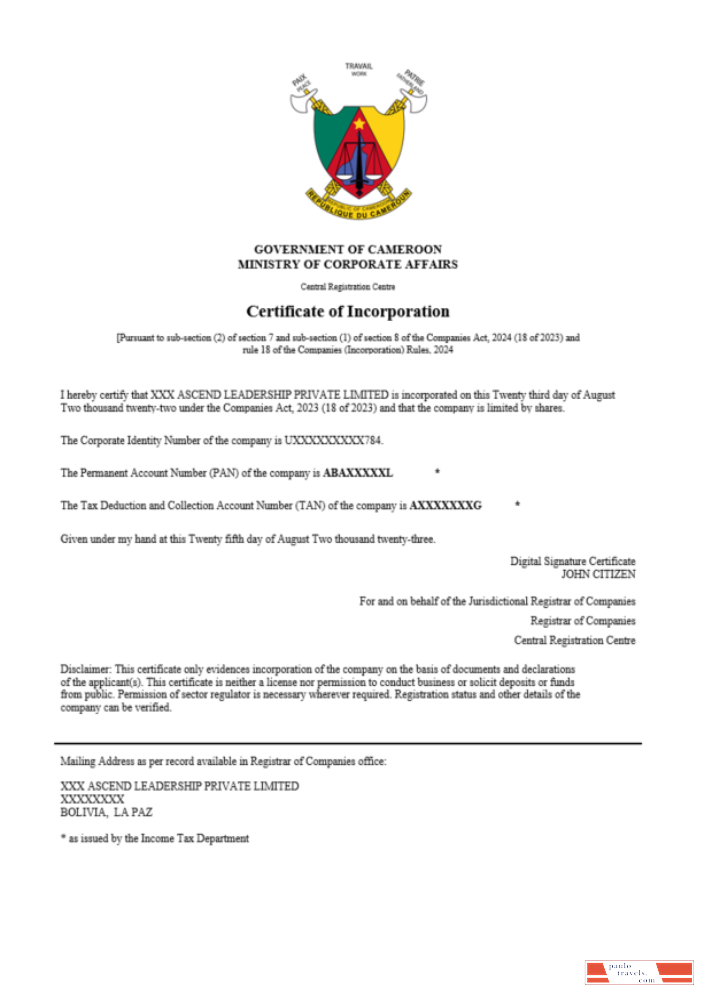 Cameroon   certificate of registration Word and PDF template
